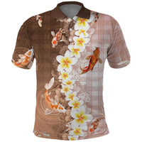 Hawaii And Japan Polo Shirt Plumeria Lei With Koi Fish Beige - Polynesian Pride