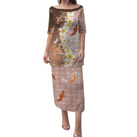 Hawaii And Japan Puletasi Plumeria Lei With Koi Fish Beige LT05 Long Dress Beige - Polynesian Pride