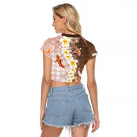 Hawaii And Japan Raglan Cropped T Shirt Plumeria Lei With Koi Fish Beige LT05 - Polynesian Pride