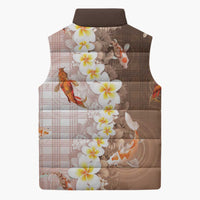 Hawaii And Japan Sleeveless Puffer Jacket Plumeria Lei With Koi Fish Beige LT05 - Polynesian Pride