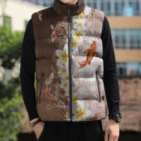 Hawaii And Japan Sleeveless Puffer Jacket Plumeria Lei With Koi Fish Beige LT05 - Polynesian Pride