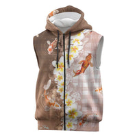 Hawaii And Japan Sleeveless Zip Hoodie Plumeria Lei With Koi Fish Beige LT05 Beige - Polynesian Pride