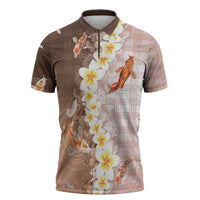 Hawaii And Japan Zipper Polo Shirt Plumeria Lei With Koi Fish Beige - Polynesian Pride