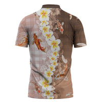 Hawaii And Japan Zipper Polo Shirt Plumeria Lei With Koi Fish Beige LT05 - Polynesian Pride