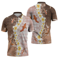 Hawaii And Japan Zipper Polo Shirt Plumeria Lei With Koi Fish Beige LT05 - Polynesian Pride