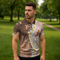 Hawaii And Japan Zipper Polo Shirt Plumeria Lei With Koi Fish Beige LT05 - Polynesian Pride