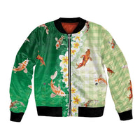 Hawaii And Japan Bomber Jacket Plumeria Lei With Koi Fish Green LT05 Unisex Green - Polynesian Pride