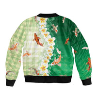 Hawaii And Japan Bomber Jacket Plumeria Lei With Koi Fish Green LT05 - Polynesian Pride