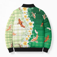 Hawaii And Japan Bomber Puffer Jacket Plumeria Lei With Koi Fish Green LT05 - Polynesian Pride