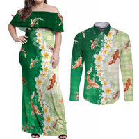 Hawaii And Japan Couples Matching Off Shoulder Maxi Dress and Long Sleeve Button Shirt Plumeria Lei With Koi Fish Green - Polynesian Pride