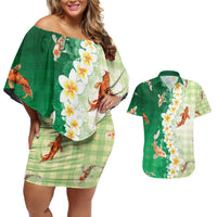 Hawaii And Japan Couples Matching Off Shoulder Short Dress and Hawaiian Shirt Plumeria Lei With Koi Fish Green - Polynesian Pride