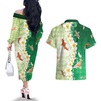 Hawaii And Japan Couples Matching Off The Shoulder Long Sleeve Dress and Hawaiian Shirt Plumeria Lei With Koi Fish Green - Polynesian Pride