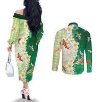 Hawaii And Japan Couples Matching Off The Shoulder Long Sleeve Dress and Long Sleeve Button Shirt Plumeria Lei With Koi Fish Green - Polynesian Pride