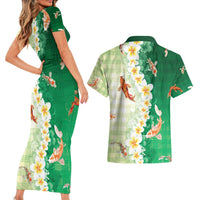 Hawaii And Japan Couples Matching Short Sleeve Bodycon Dress and Hawaiian Shirt Plumeria Lei With Koi Fish Green - Polynesian Pride