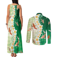 Hawaii And Japan Couples Matching Tank Maxi Dress and Long Sleeve Button Shirt Plumeria Lei With Koi Fish Green - Polynesian Pride