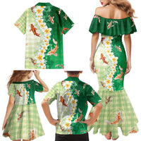 Hawaii And Japan Family Matching Mermaid Dress and Hawaiian Shirt Plumeria Lei With Koi Fish Green - Polynesian Pride