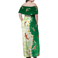 Hawaii And Japan Family Matching Off Shoulder Maxi Dress and Hawaiian Shirt Plumeria Lei With Koi Fish Green - Polynesian Pride