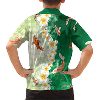 Hawaii And Japan Family Matching Off Shoulder Short Dress and Hawaiian Shirt Plumeria Lei With Koi Fish Green - Polynesian Pride