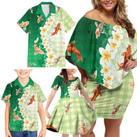 Hawaii And Japan Family Matching Off Shoulder Short Dress and Hawaiian Shirt Plumeria Lei With Koi Fish Green - Polynesian Pride