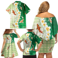 Hawaii And Japan Family Matching Off Shoulder Short Dress and Hawaiian Shirt Plumeria Lei With Koi Fish Green - Polynesian Pride