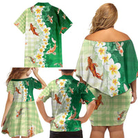 Hawaii And Japan Family Matching Off Shoulder Short Dress and Hawaiian Shirt Plumeria Lei With Koi Fish Green - Polynesian Pride
