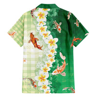 Hawaii And Japan Family Matching Off Shoulder Short Dress and Hawaiian Shirt Plumeria Lei With Koi Fish Green - Polynesian Pride