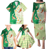 Hawaii And Japan Family Matching Puletasi and Hawaiian Shirt Plumeria Lei With Koi Fish Green - Polynesian Pride