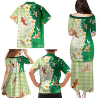Hawaii And Japan Family Matching Puletasi and Hawaiian Shirt Plumeria Lei With Koi Fish Green - Polynesian Pride