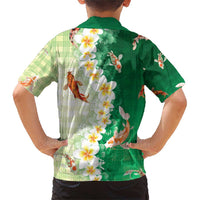 Hawaii And Japan Family Matching Short Sleeve Bodycon Dress and Hawaiian Shirt Plumeria Lei With Koi Fish Green - Polynesian Pride