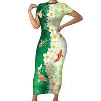 Hawaii And Japan Family Matching Short Sleeve Bodycon Dress and Hawaiian Shirt Plumeria Lei With Koi Fish Green - Polynesian Pride