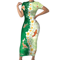 Hawaii And Japan Family Matching Short Sleeve Bodycon Dress and Hawaiian Shirt Plumeria Lei With Koi Fish Green - Polynesian Pride