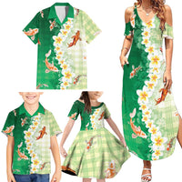 Hawaii And Japan Family Matching Summer Maxi Dress and Hawaiian Shirt Plumeria Lei With Koi Fish Green - Polynesian Pride