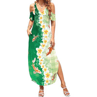 Hawaii And Japan Family Matching Summer Maxi Dress and Hawaiian Shirt Plumeria Lei With Koi Fish Green - Polynesian Pride