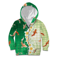 Hawaii And Japan Kid Hoodie Plumeria Lei With Koi Fish Green LT05 Zip Hoodie Green - Polynesian Pride