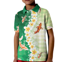 Hawaii And Japan Kid Polo Shirt Plumeria Lei With Koi Fish Green - Polynesian Pride