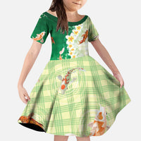 Hawaii And Japan Kid Short Sleeve Dress Plumeria Lei With Koi Fish Green LT05 KID Green - Polynesian Pride