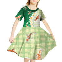 Hawaii And Japan Kid Short Sleeve Dress Plumeria Lei With Koi Fish Green - Polynesian Pride