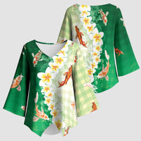 Hawaii And Japan Kimono Sleeve Blouse Plumeria Lei With Koi Fish Green LT05 - Polynesian Pride