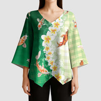 Hawaii And Japan Kimono Sleeve Blouse Plumeria Lei With Koi Fish Green LT05 - Polynesian Pride