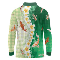 Hawaii And Japan Long Sleeve Polo Shirt Plumeria Lei With Koi Fish Green LT05 - Polynesian Pride