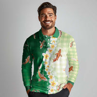 Hawaii And Japan Long Sleeve Polo Shirt Plumeria Lei With Koi Fish Green LT05 - Polynesian Pride