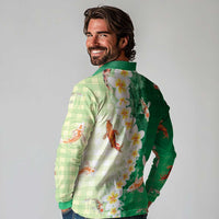 Hawaii And Japan Long Sleeve Polo Shirt Plumeria Lei With Koi Fish Green LT05 - Polynesian Pride