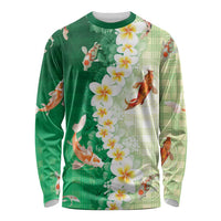 Hawaii And Japan Long Sleeve Shirt Plumeria Lei With Koi Fish Green LT05 Unisex Green - Polynesian Pride
