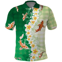 Hawaii And Japan Polo Shirt Plumeria Lei With Koi Fish Green - Polynesian Pride