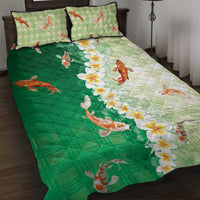 Hawaii And Japan Quilt Bed Set Plumeria Lei With Koi Fish Green - Polynesian Pride