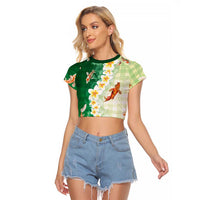 Hawaii And Japan Raglan Cropped T Shirt Plumeria Lei With Koi Fish Green LT05 Female Green - Polynesian Pride
