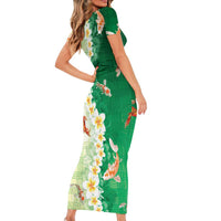 Hawaii And Japan Short Sleeve Bodycon Dress Plumeria Lei With Koi Fish Green LT05 - Polynesian Pride