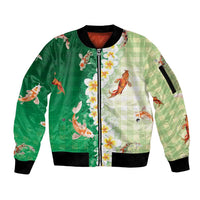 Hawaii And Japan Sleeve Zip Bomber Jacket Plumeria Lei With Koi Fish Green LT05 Unisex Green - Polynesian Pride