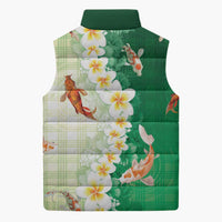Hawaii And Japan Sleeveless Puffer Jacket Plumeria Lei With Koi Fish Green LT05 - Polynesian Pride