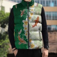 Hawaii And Japan Sleeveless Puffer Jacket Plumeria Lei With Koi Fish Green LT05 - Polynesian Pride